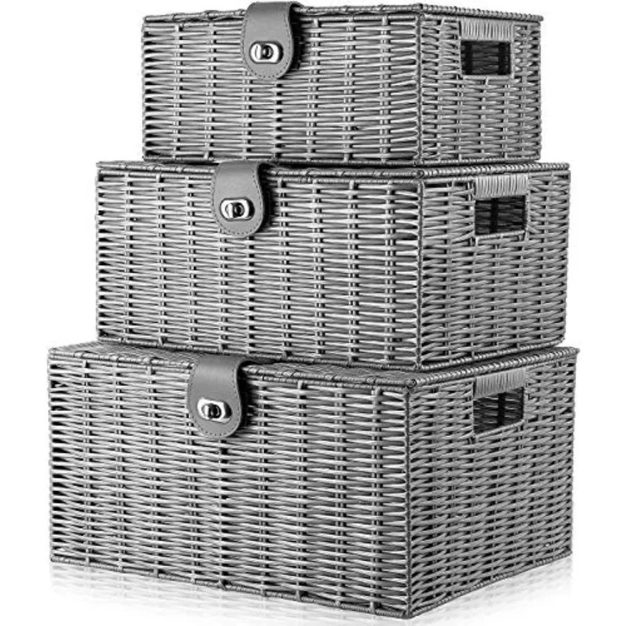 

Набор из 3 плетеных корзин для хранения с крышками и замками, со встроенными ручками для переноски, многофункциональный органайзер для детской комнаты