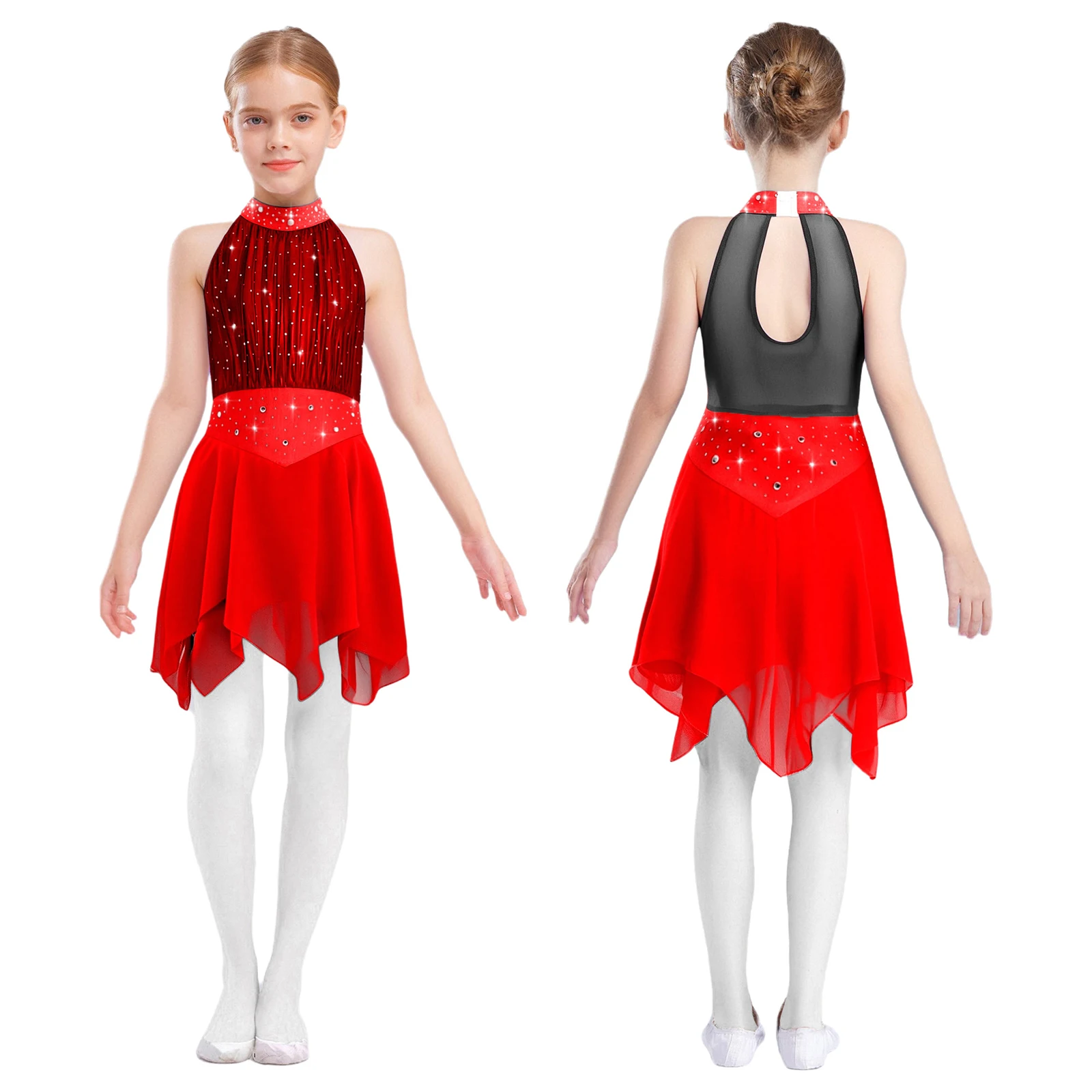 

Girls Sleeveless Gymnastic Figure Ice Skating Dress Rhinestone Mesh Tulle Leotard Chiffon Dress Ballroom Ballet Dance Clothes