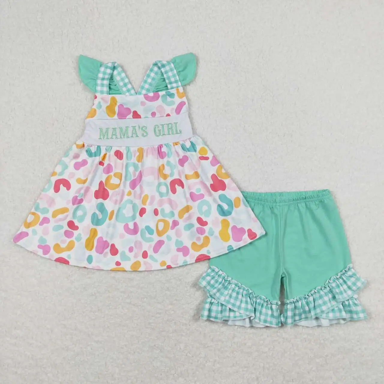 

Ready to ship mother's day mama's girl set cute leopard ruffle shorts set little girls boutique clothing