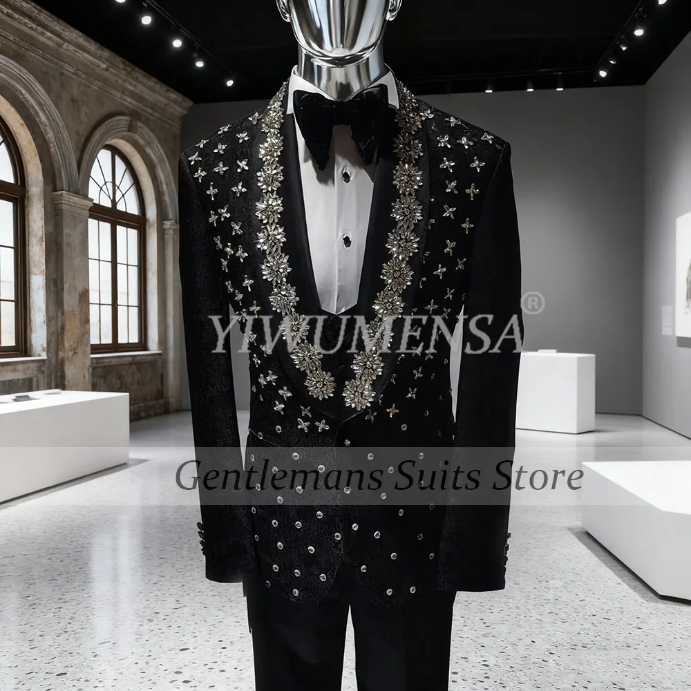 

Unique Design Jewelry Ornament Suits Men Formal Banquet Male Dinner Groom Wedding Tuxedos Customized 3pcs Slim Fit Costume Homme