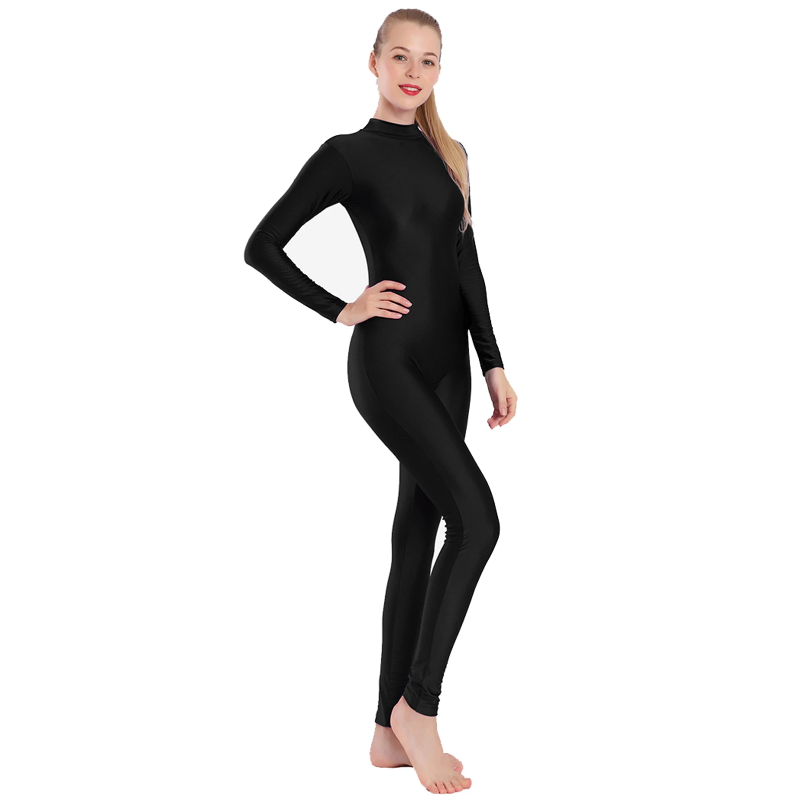 Women Full Body Unitard Turtleneck Back Zipper Dancewear Long Sleeve Ballet Spandex Jumpsuit Playsuit Workout Yoga Fitness
