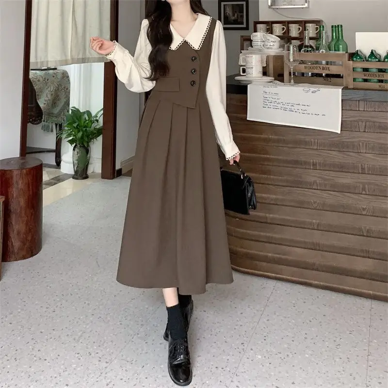 French Vintage Vest Spliced Fake Two Piece Dress Women\'s Long Sleeve Doll Neck Autumn Winter Large Size Temperament Long Dress