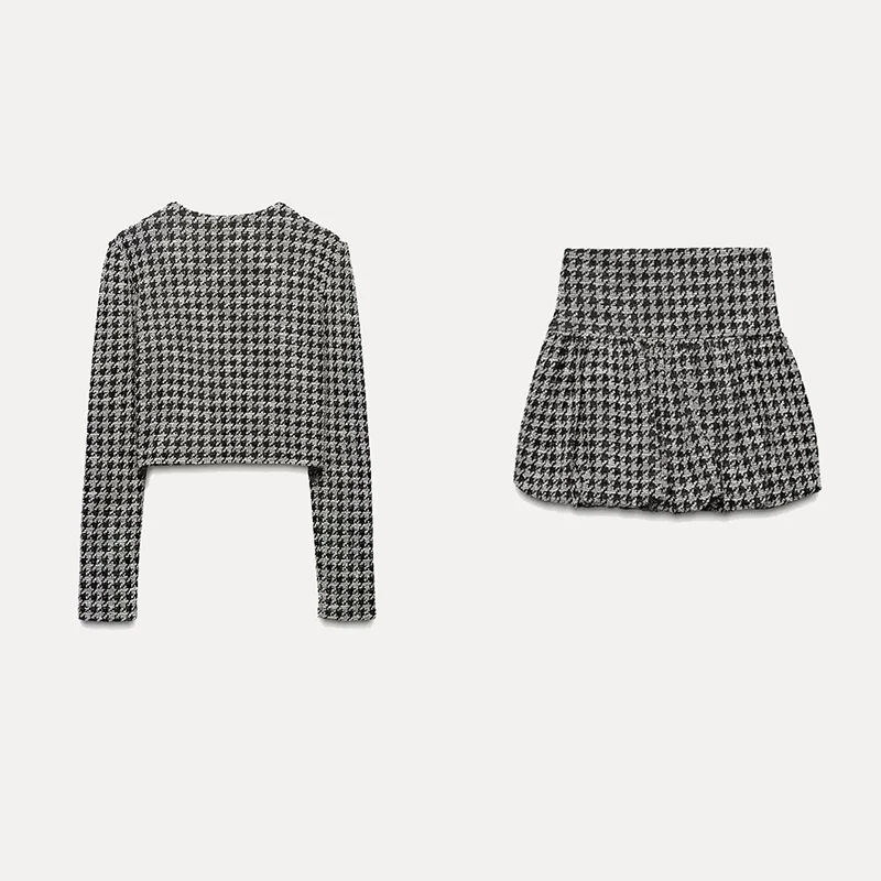 

Spring 2025 Women's Plaid Coat Balloon Sle Skirt Faion Set Z Brand Outerwear Trendy Ensemble Cheered Pattern