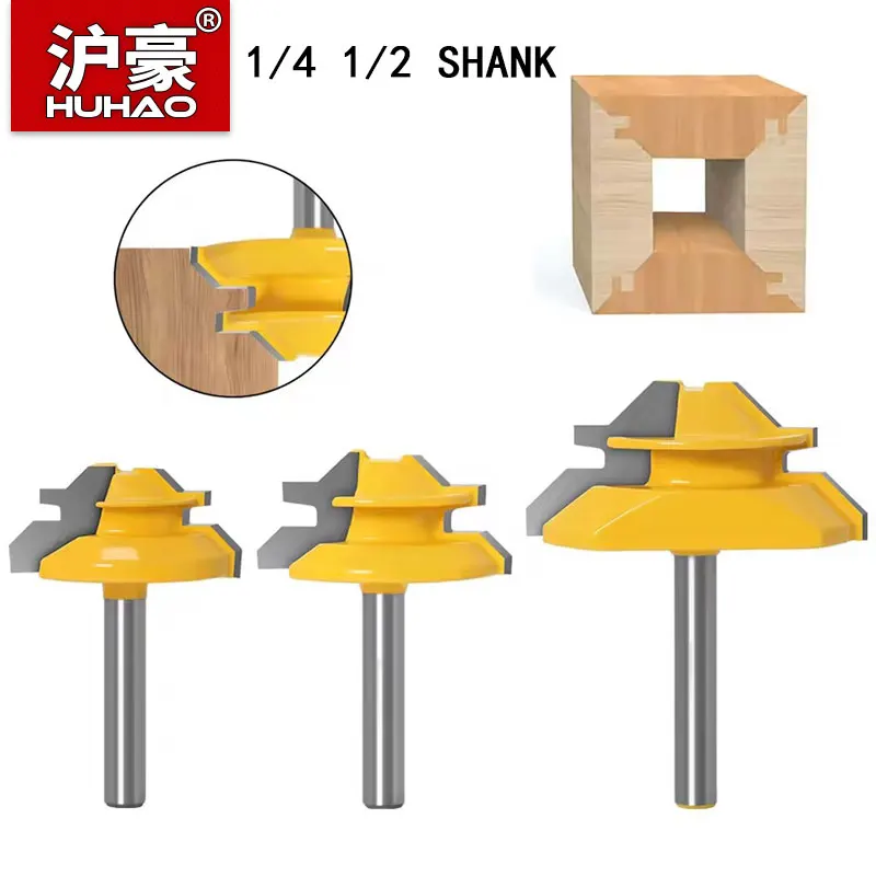 HUHAO 1 pc 6.35mm 12.7mm Shank 45 Degree Lock Miter Router Bit Wood Tools Carbide Tenon Milling Cutter Woodworking Tool