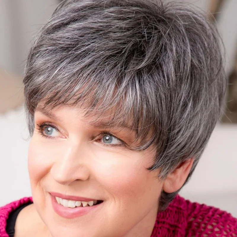 

Spot Delivery Gray Head Cover for Middle-aged and Elderly Women Side Bangs Side Part Short Straight Wigwig