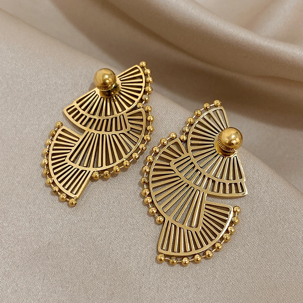 Vintage geometrische fächerförmige Tropfenohrringe für Frauen, elegante vergoldete Edelstahl-Hängeohrringe, wasserdichter Schmuck