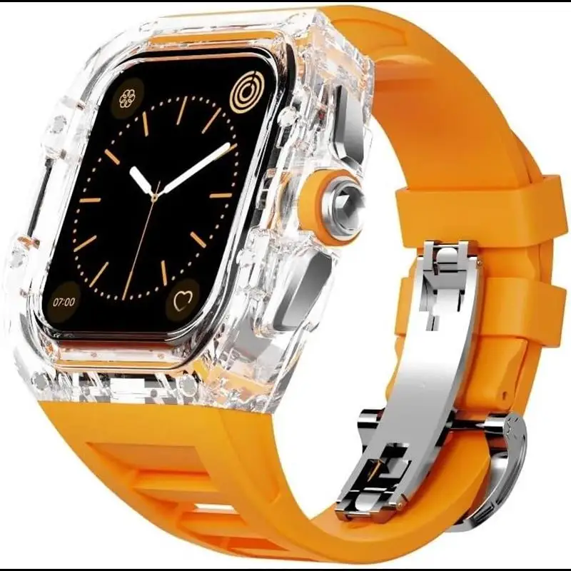 SCHIK Transparent Watch Case Fluororubber Band,For Apple Watch Series 8 7 6 5 4 SE 44mm 45mm,Clear Watch Case Sport Breathable