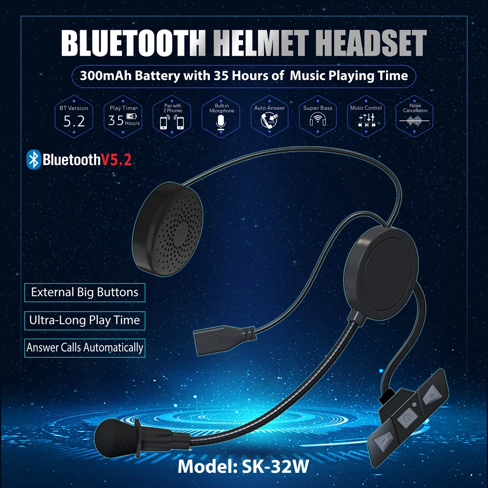 BT5.2 Motorcycle Helmet Headset Wireless Handsfree Stereo Music Player Headphone Noise Reduction Moto Earphone With 2-in-1Mic