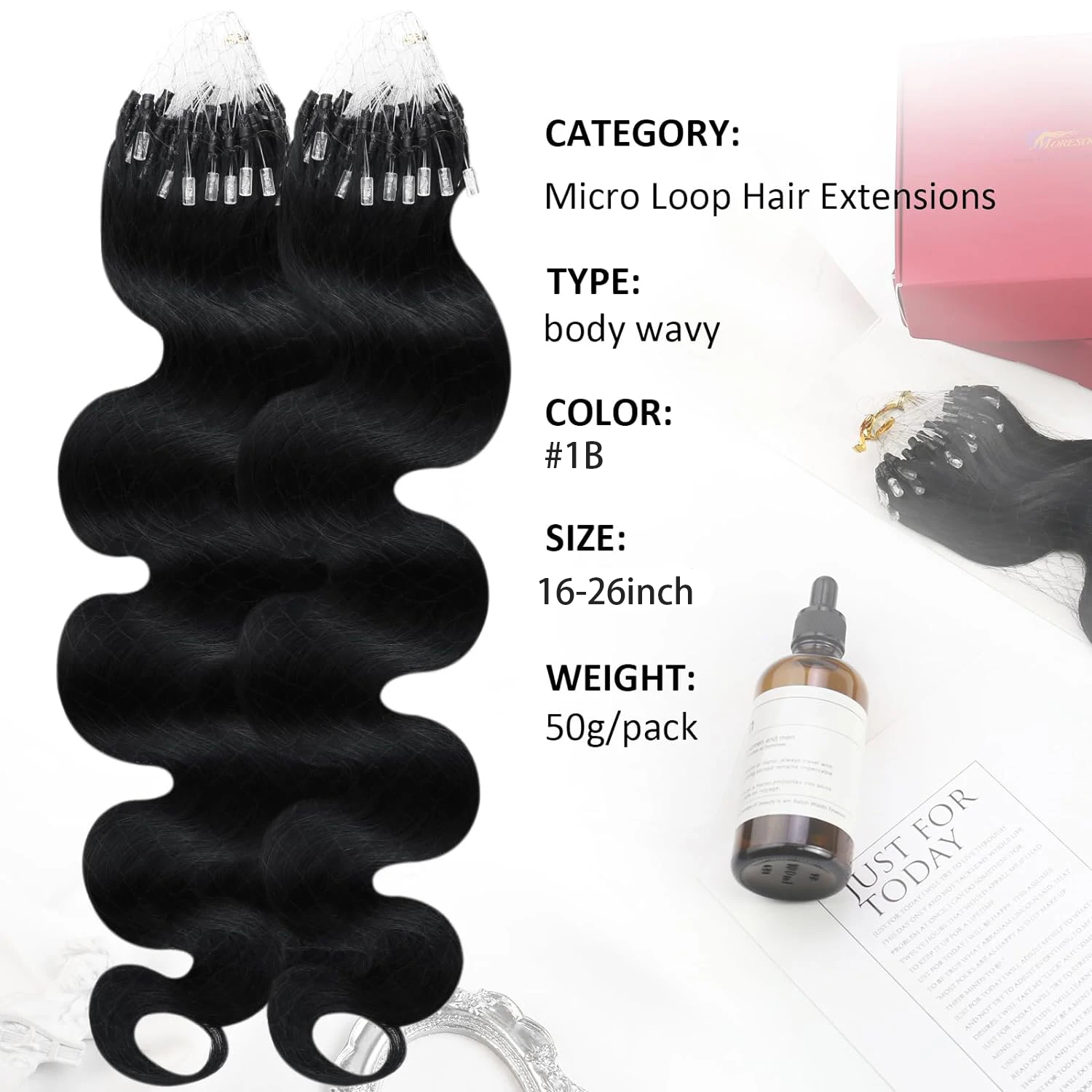 Body Wave Micro Loop Hair Extensions Stick Tipped Hair Fish Line Link Hairpiece Highlight Straight 50 Strands 50g  for Women #1B