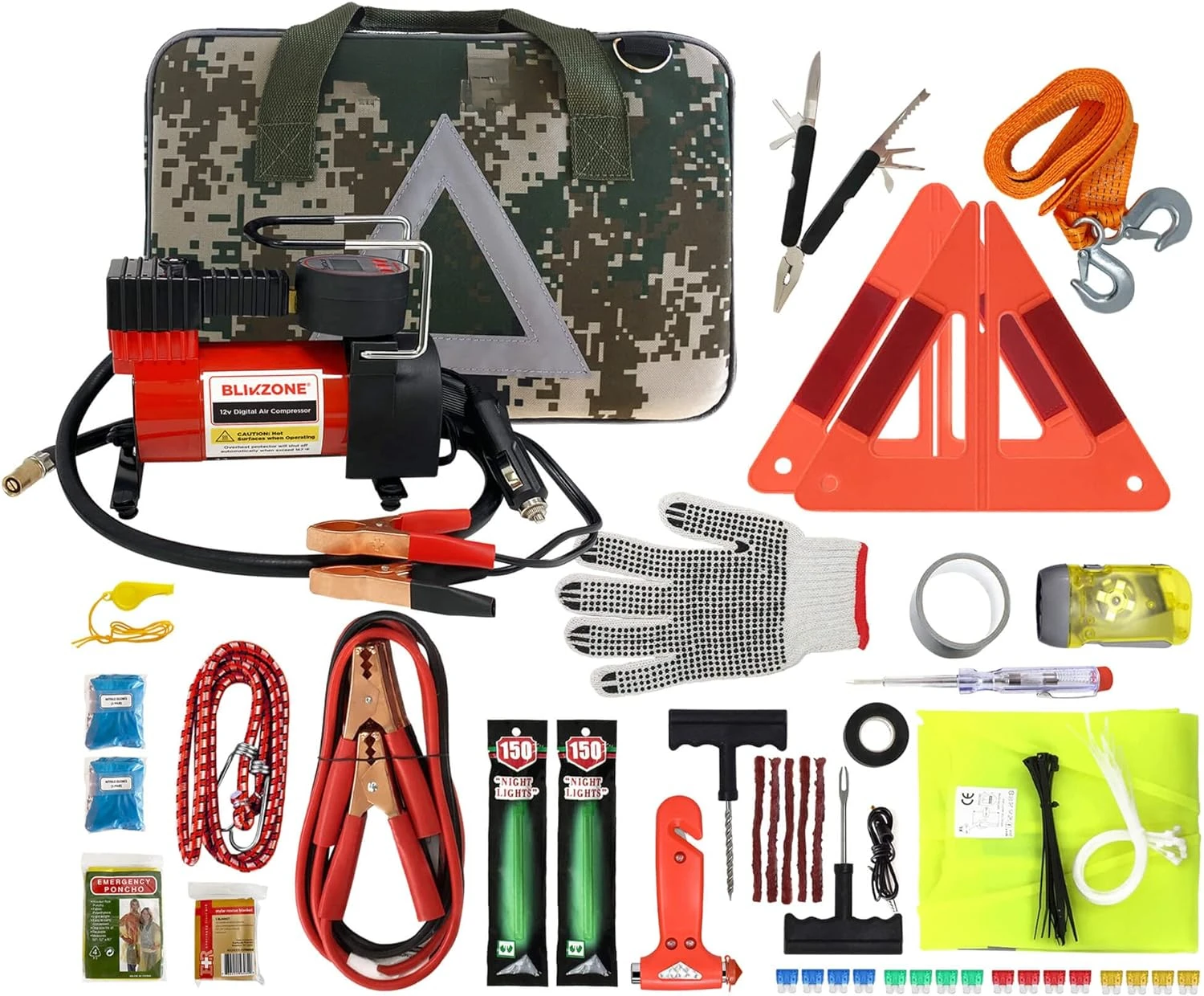 Camo Car Emergency Kit , Car Essentials , Jumper Cables, Heavy Duty Digital Air Compressor, Multitool. Truck Accessories for Men