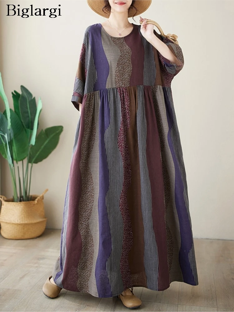 

Oversized Summer Long Striped Print Dress Women Bohemian Style Fashion Casual Loose Ladies Dresses Ruffle Pleated Woman Dress