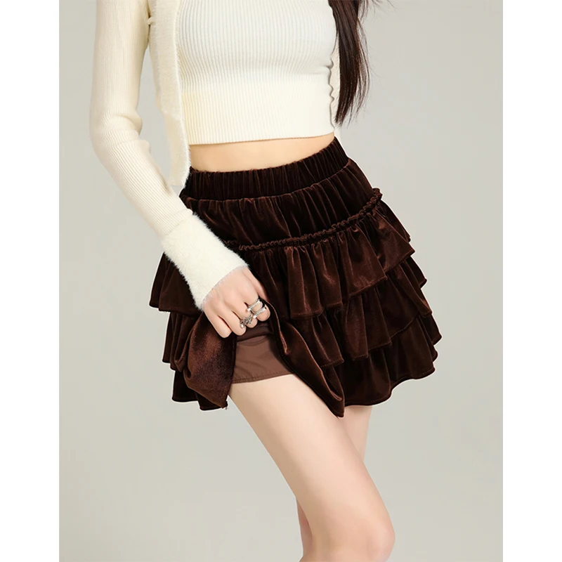 Minigonna vintage in velluto nero donna Y2K volant patchwork abito da ballo gonne inverno Harajuku streetwear casual una linea gonne nuovo