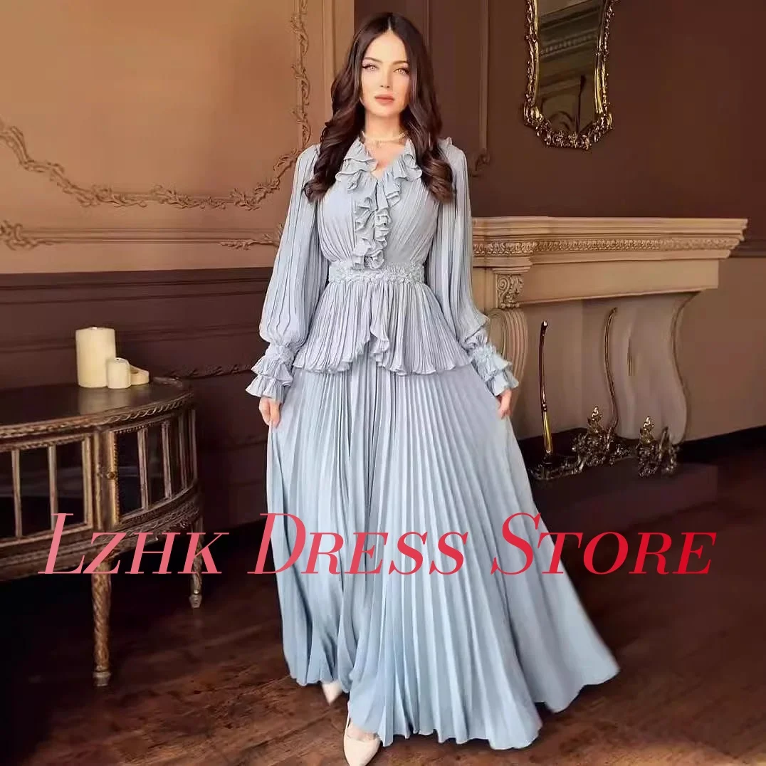 맞춤형 우아한 쉬폰 a 라인 프릴 진주 단추 아플리케 이브닝 드레스 고품질 긴 소매 연예인 가운