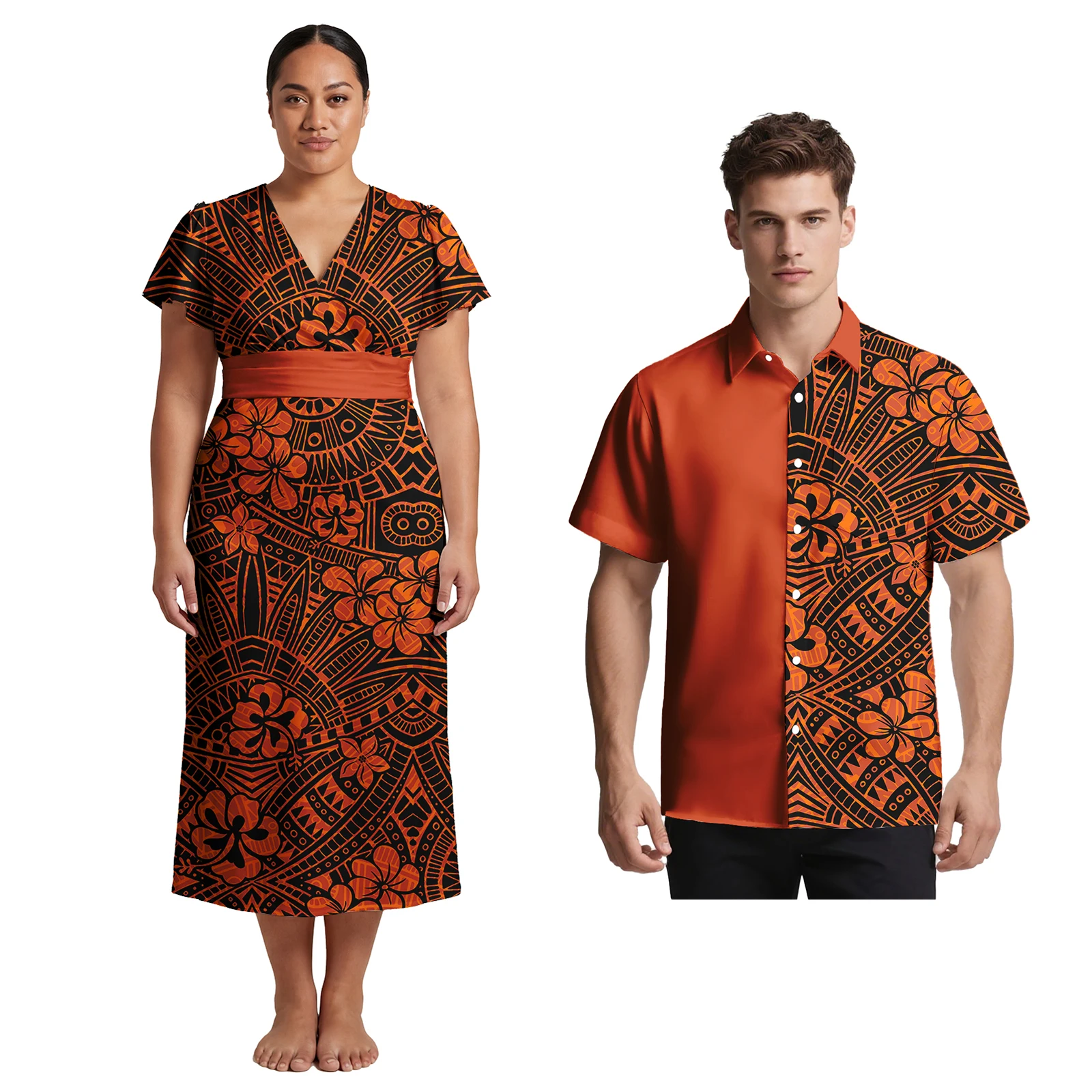 

Весенние модные парные комплекты одежды: мужские рубашки с отложным воротником в стиле алоха и женские платья в полинезийском стиле с саумонским племенным принтом.