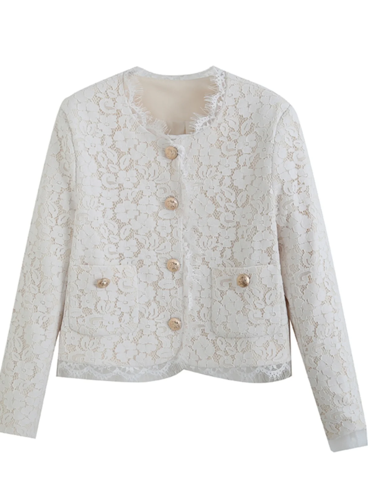 Women's ort Lace Hook-Embroidered Coat round Ne Double ket Autumn Faion Small Fraance Sle Outerwear