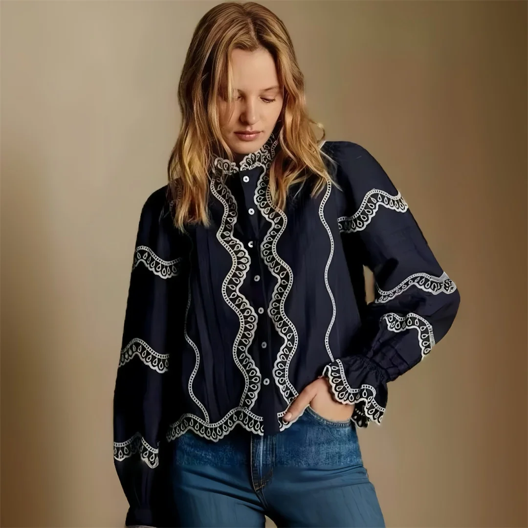 

Paris Seza Shirt Wave Embroidery Loose Fit Cotton Spring 2026 French Style Women's Casual Breathable Slimming Long Sleeve