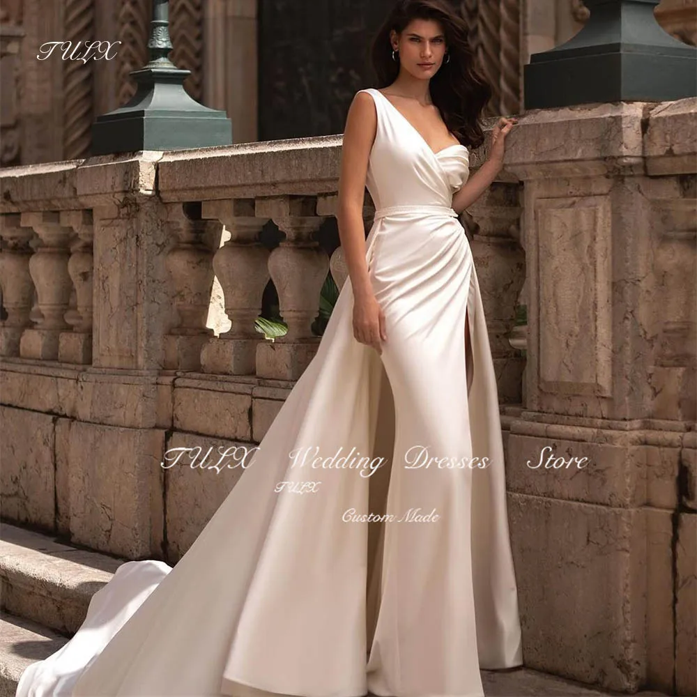 TULX Luxury V-Neck Sleeveless Pleat Wedding Dresses Mermaid Long Detachable Train Bridal Gown Women Robe De Mariée Zip or Button