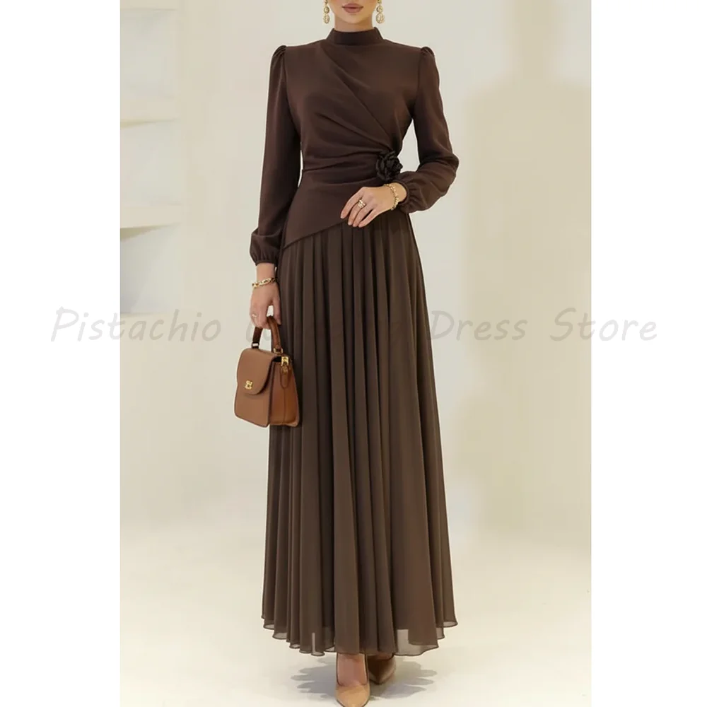 

Luxury Islamic Formal Outfit High Neck Long Sleeve Pleated Chiffon Maxi Dress for Wedding Guest Work Party Abaya