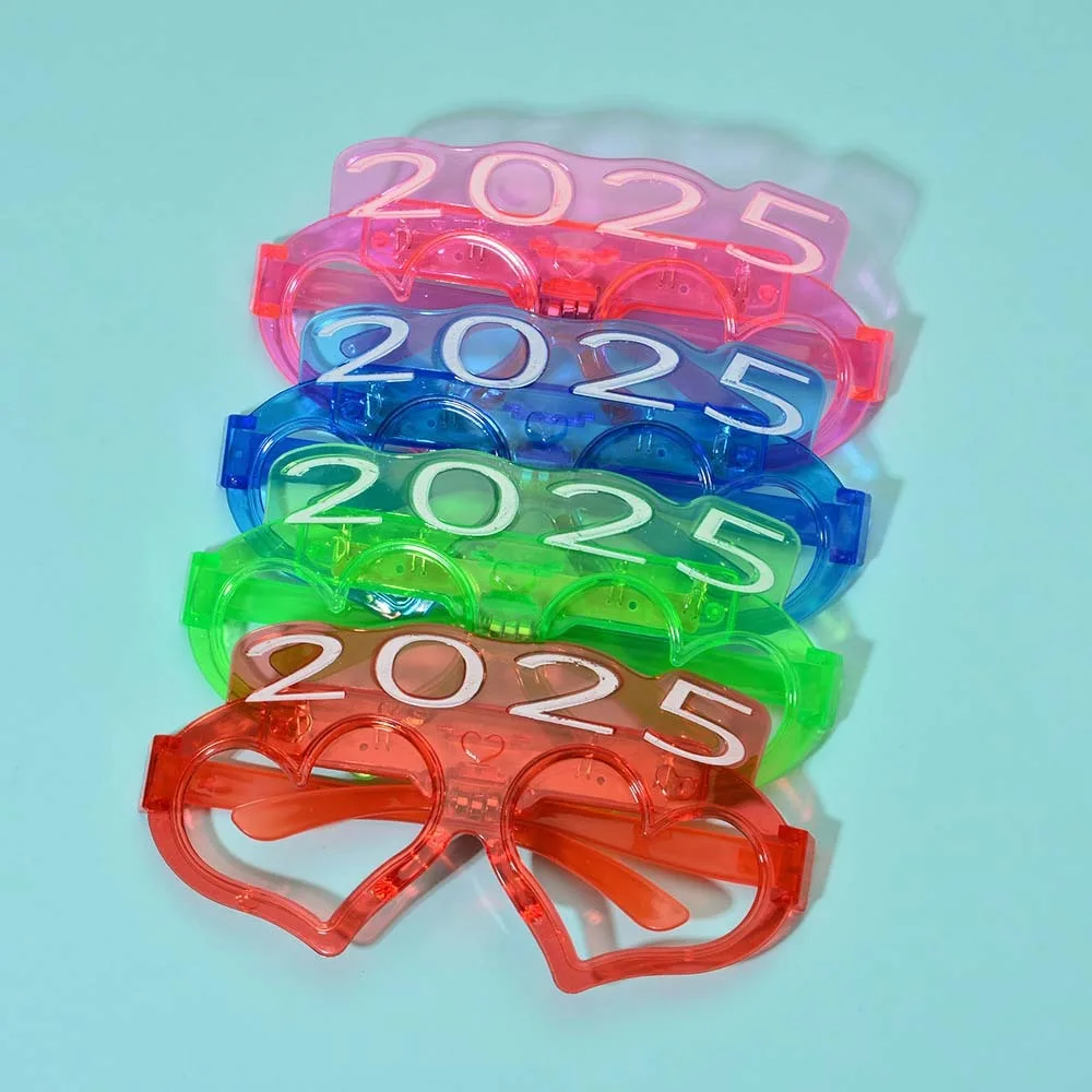 LED Glow 2025 Happy New Year Glow Glasses Love Heart Shape Number Letter 2025 LED Glow Glasses Photographic Ornaments Light Up