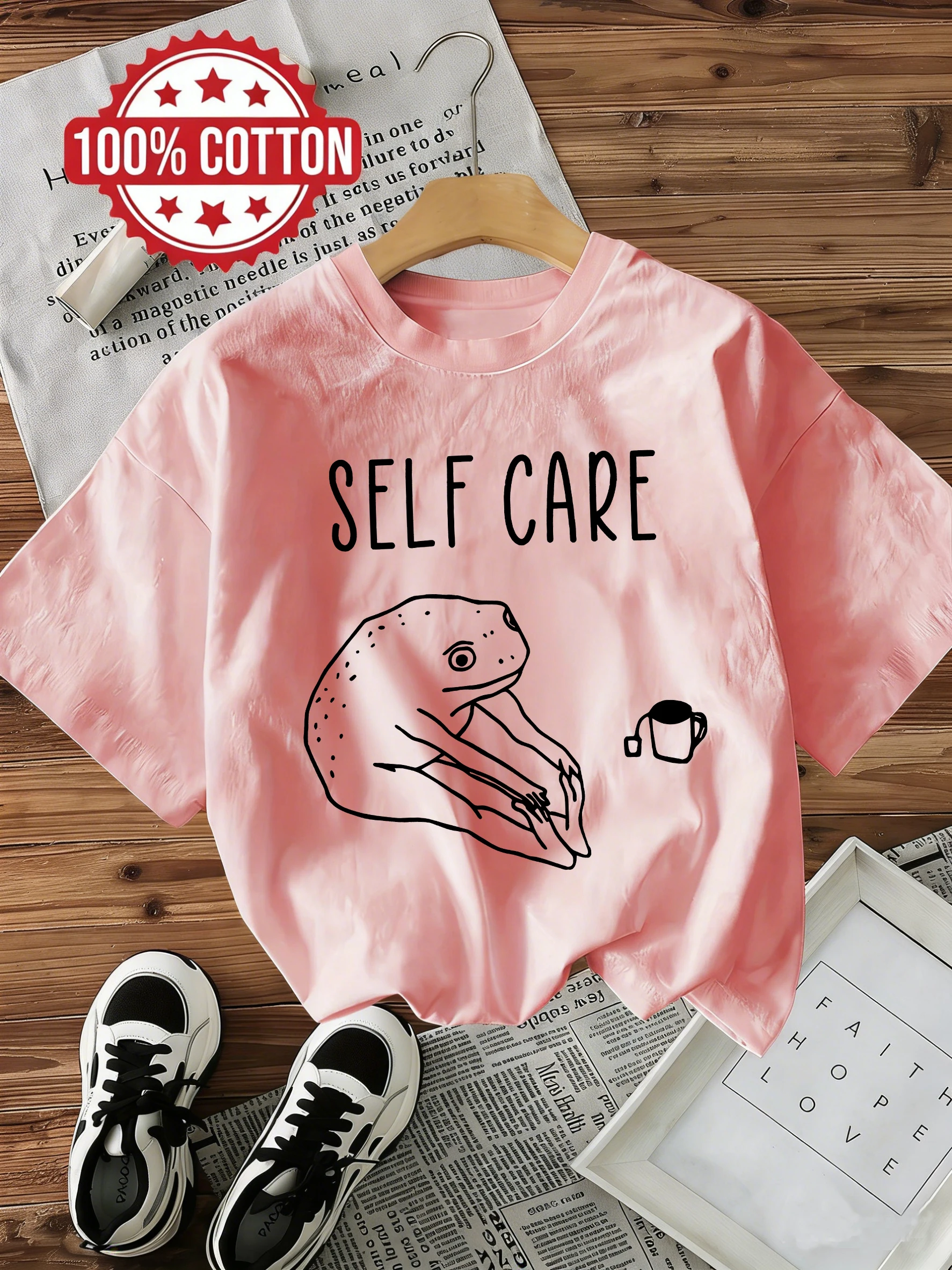 Funny Frog Self Care Cotton T-Shirt Women's Y2k Style T-Shirt Graphic Retro Frog Short Sleeve Crew Neck Top Casual Shirt