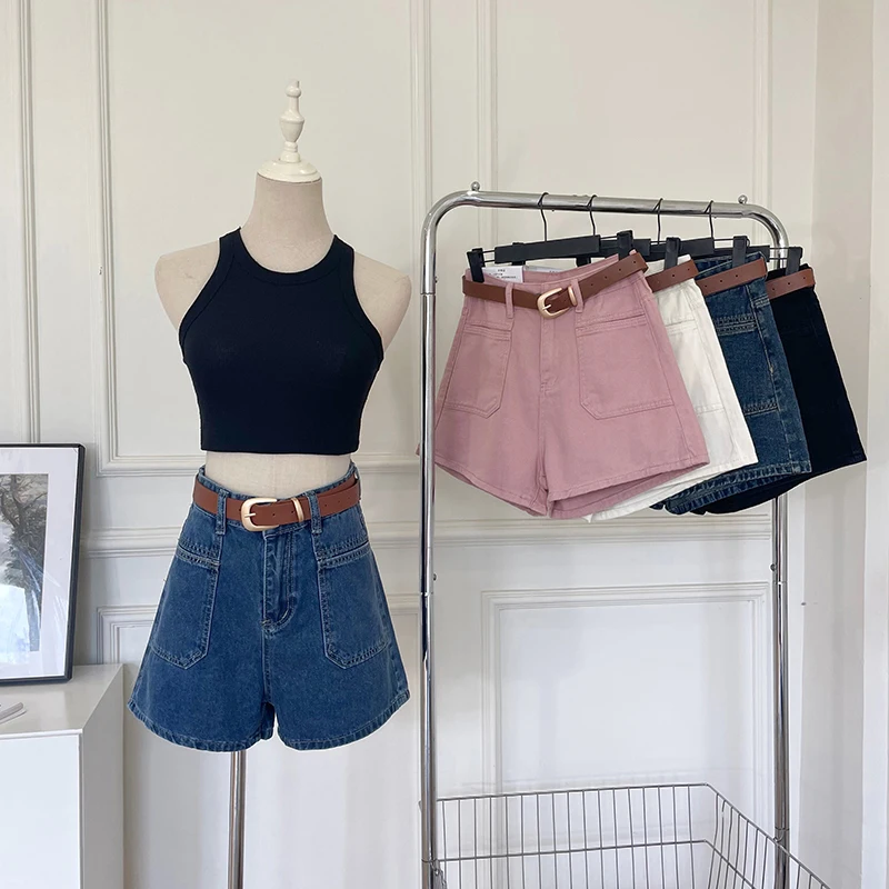 

Summer Women Shorts Fashion High Waist Versatile Solid Color Pockets Washed A-line All-Matching Simple Female Denim Short Pants