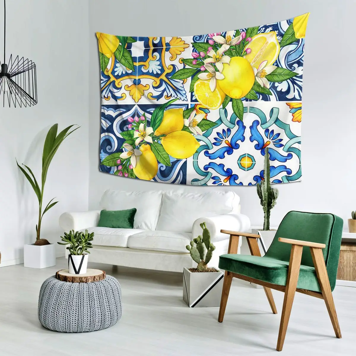 

Bright Mediterranean Sicilian Tiles With Citrus Lemons Tapestry Wall Hanging Aesthetic Home Decoration Tapestries for Dorm Room