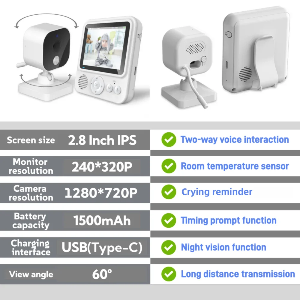 Monitor de bebê sem fio, 2.8 polegadas, vídeo hd, visão noturna, monitoramento de temperatura, áudio bidirecional, lembrete de temporização, câmera de segurança