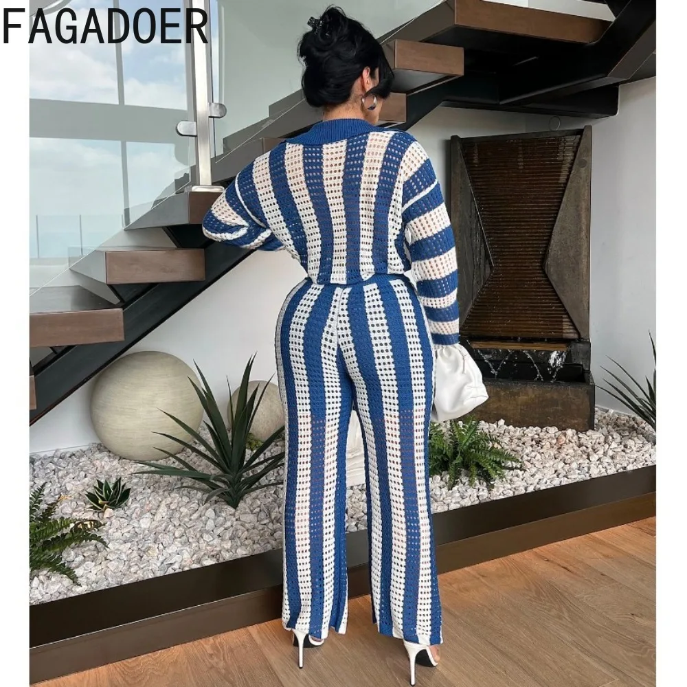 FAGADOER Black Fashion Knitting Hollow Two Piece Sets Women V Neck Long Sleeve Top And Pants Outfit Female Stripe 2pcs Clothing