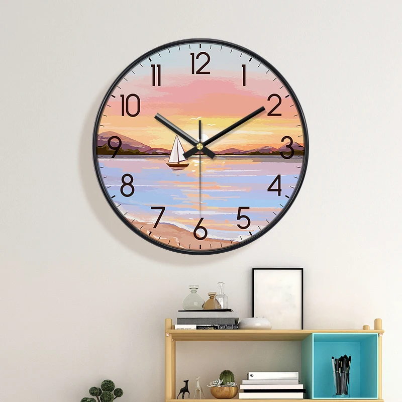 Nordische Sonnenuntergang Segelboot Wanduhr Geräuschlos Nicht-Tickende Küstenlandschaft Kunst-Uhr für Wohnzimmer Schlafzimmer Heim-Dekoration