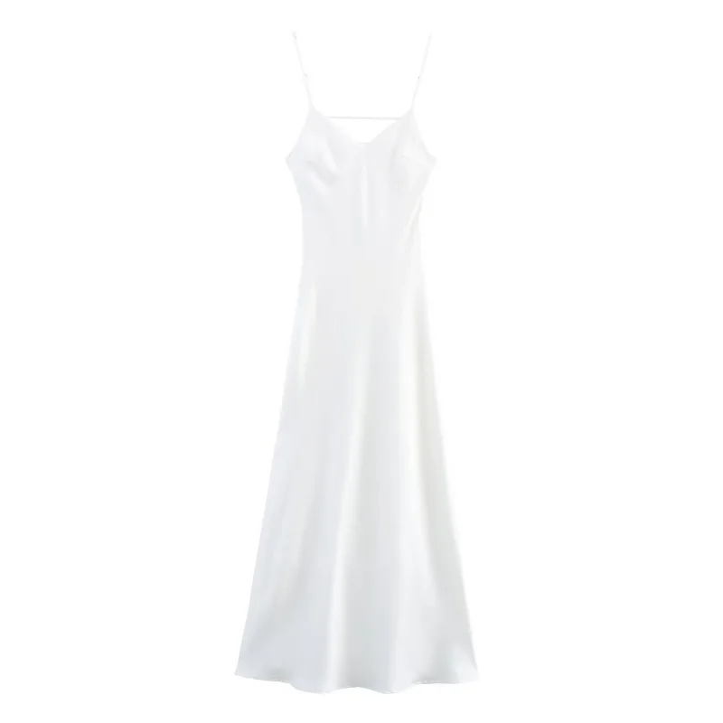 Verano Color sólido cuello pico seda satén Midi Sling vestido mujeres sin mangas espalda descubierta cremallera vestido de fiesta mujer Sexy ropa de vacaciones 2025