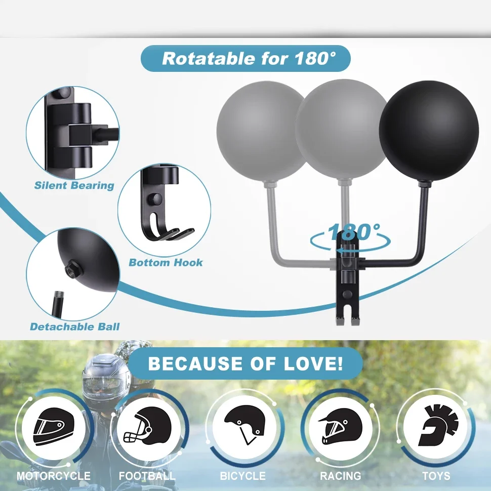 Motorcycle Helmet Rack Wall Mount Helmet Holder 180° Rotation Helmet Hanger With Hooks For Coats Caps Bike Baseball Rugby Helmet