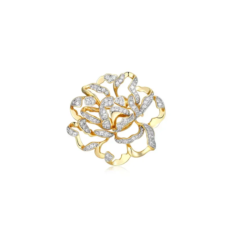 Broche chapado en oro de peonía hueca, Pin de diseño chino con incrustaciones de circón, broche para Collar femenino, regalo para mamá