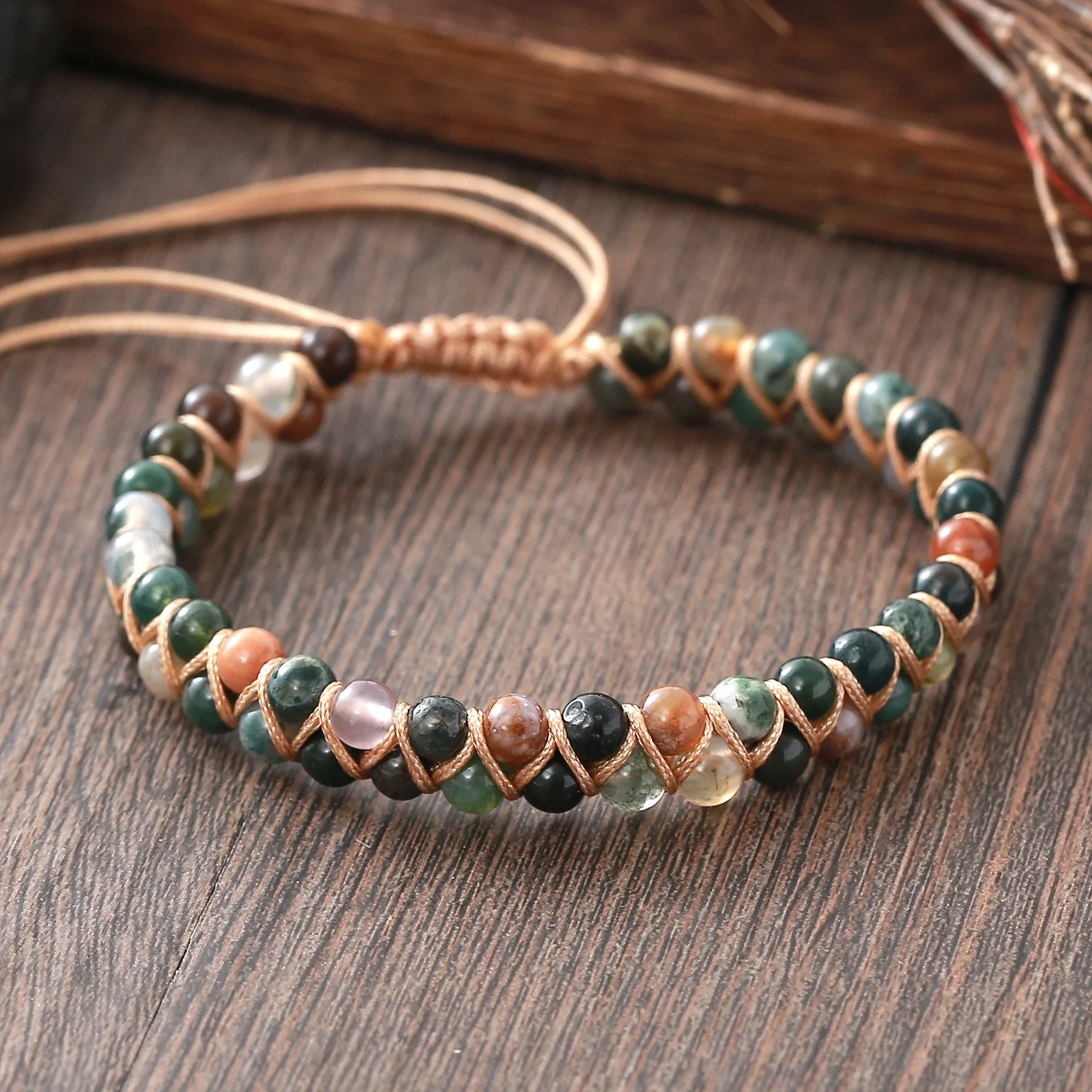 New 4MM Natural Stone Double Layer Indian Agate Men's Bracelet Fashionable Simple Braided Pull Cord Bracelet Couple Jewelry