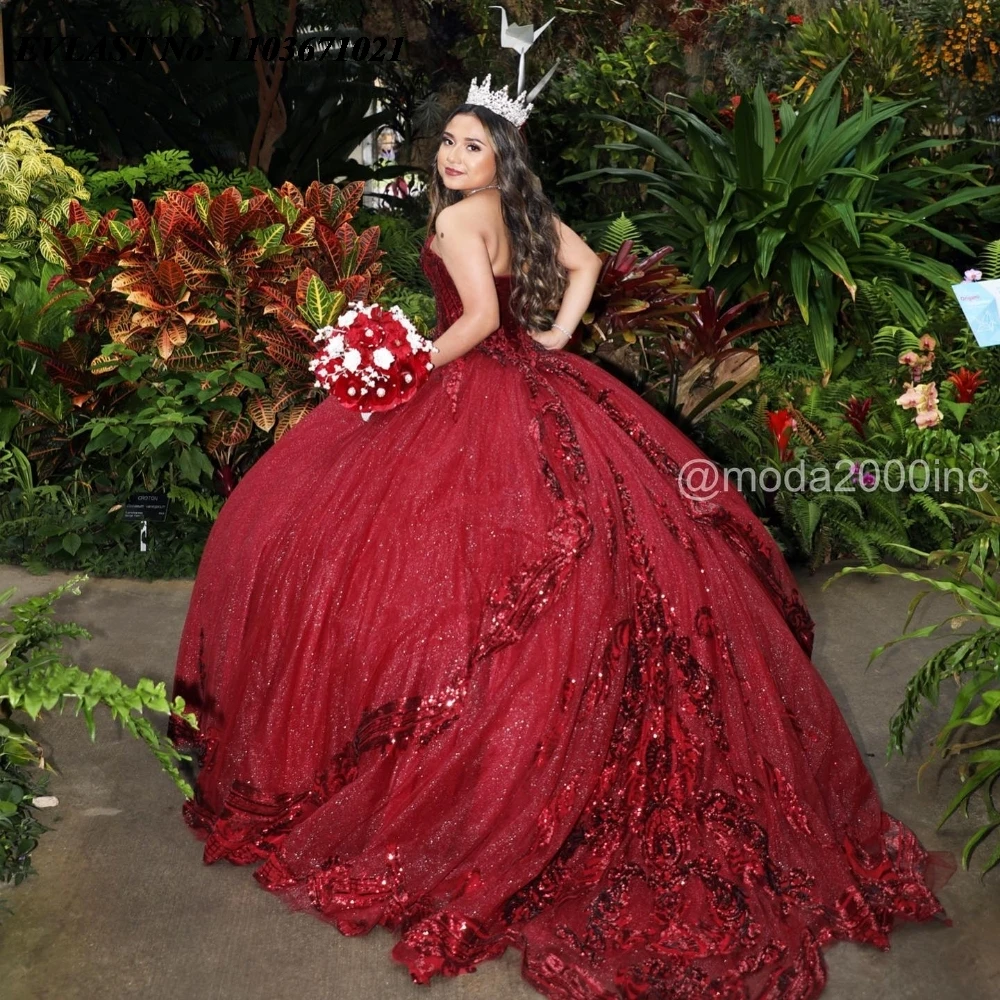 EVLAST ที่กําหนดเอง Burgundy Quinceanera Ball Gown ลูกไม้ Applique ประดับด้วยลูกปัดเม็กซิกันรัดตัวหวาน 16 Vestidos De 15 Anos SQ587