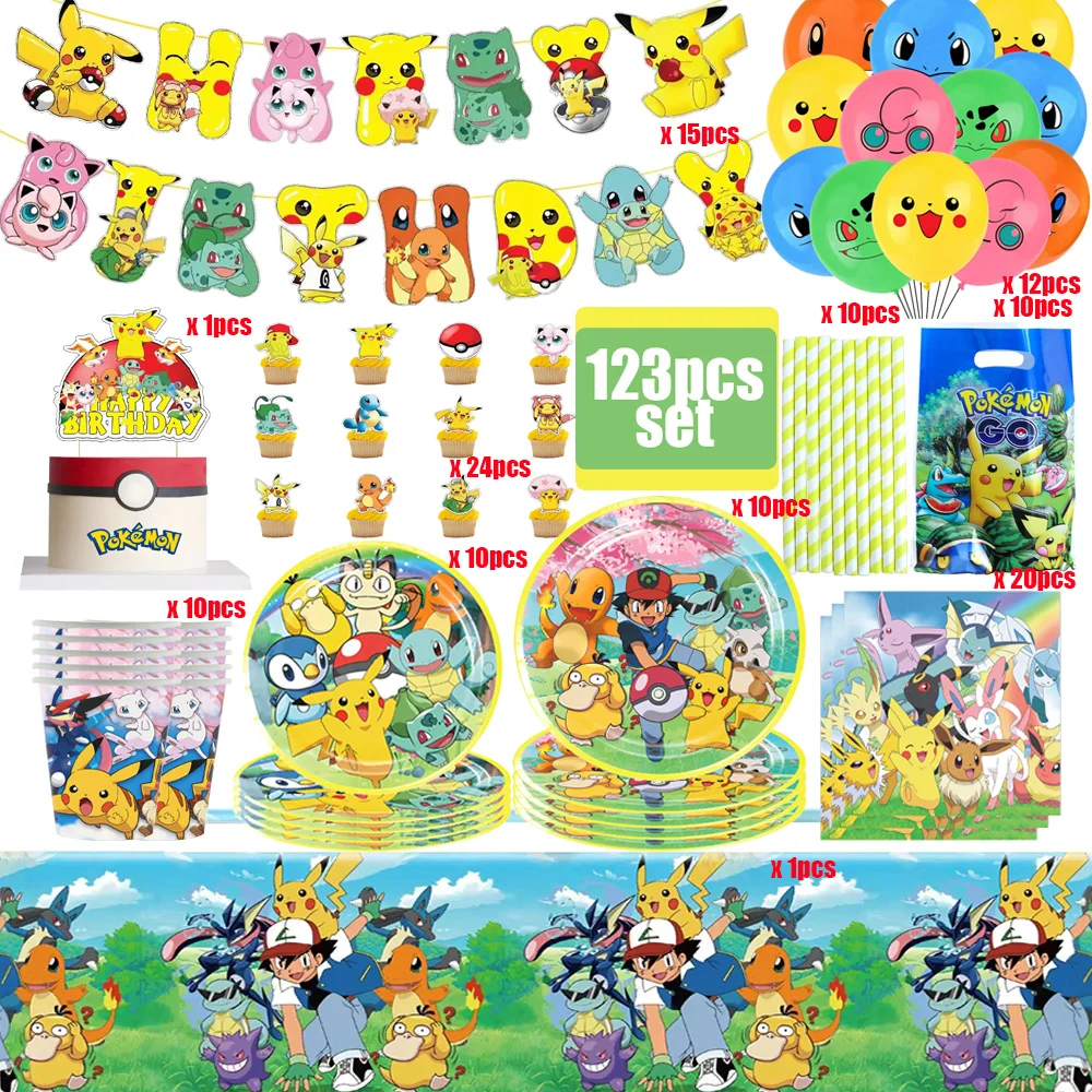 

Pokemon Birthday Set Party Decoration Pikachu Cartoon Disposable Tableware Balloons Tablecloth Banner Kids Favor Party Supplies