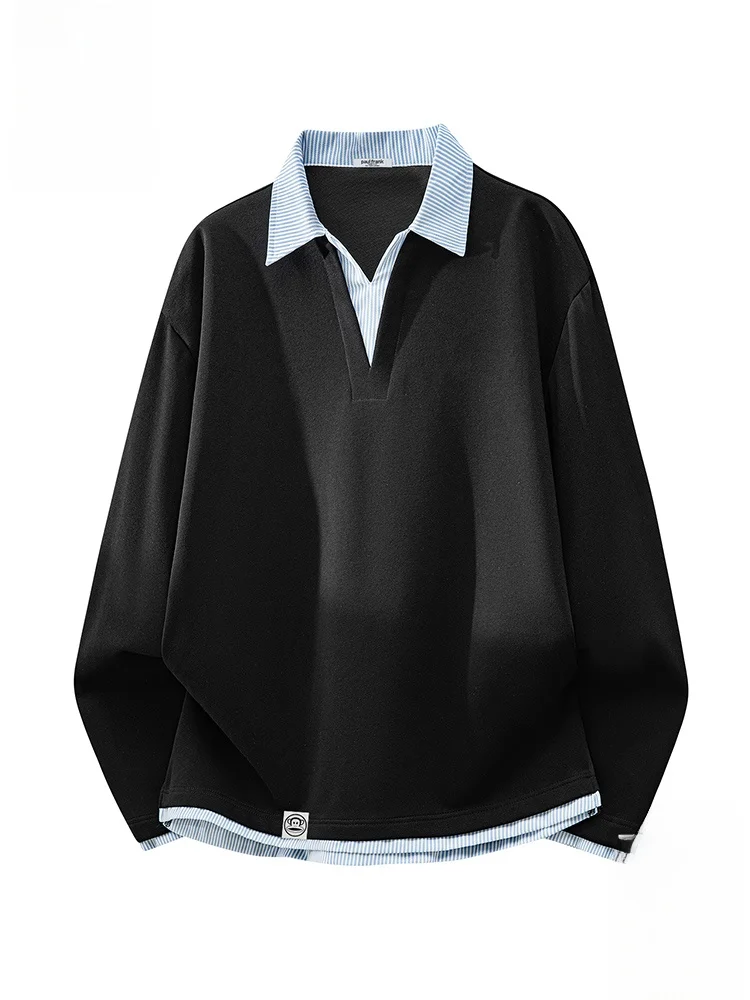 

PaulFrank Large-Mouth Monkey Stripe Splicing Fake Two-Piece Sweatirt Men's Loose Casual Bla Top Comfortable Cotton Polyes...