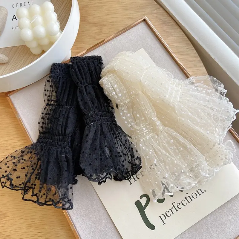 Summer Sexy Beige Lace Sunscreen Sleeves for Women Polka Dot Thin Breathable Mesh Fingerless Gloves Driving Arm Sleeves
