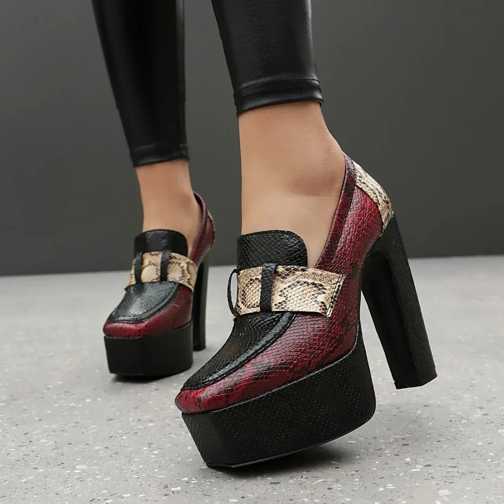 

2026 Spring/Summer Splicing Serpentine Pattern Fiber Color Splicing Retro Breathable High Heels Square Toe Thick Single Shoe