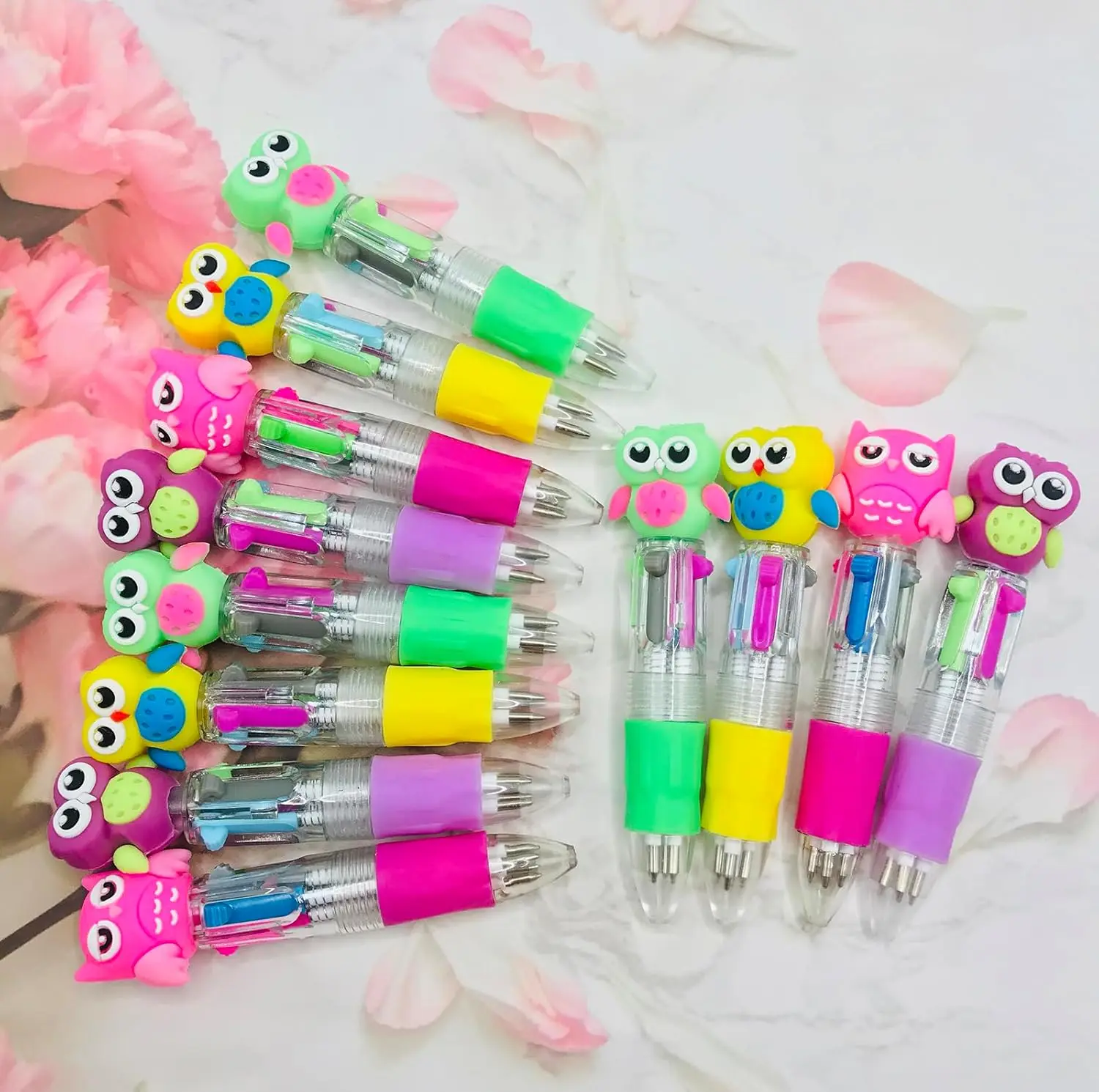 

24 Pcs Wholesale Owl Multicolor Ballpoint Pens in One 4-in-1 Cute Mini Pens Kawaii School Stationery