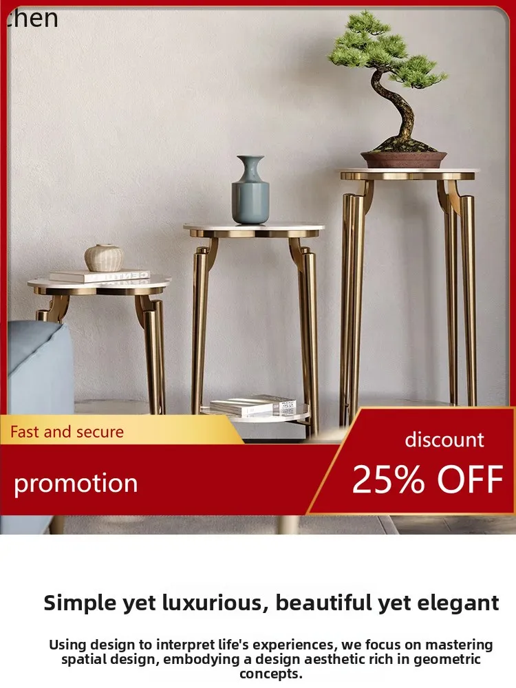 ZML Marble Flower Stand Living Room Stainless Steel Storage Rack Ornament Balcony Rock Plate Flower Stand