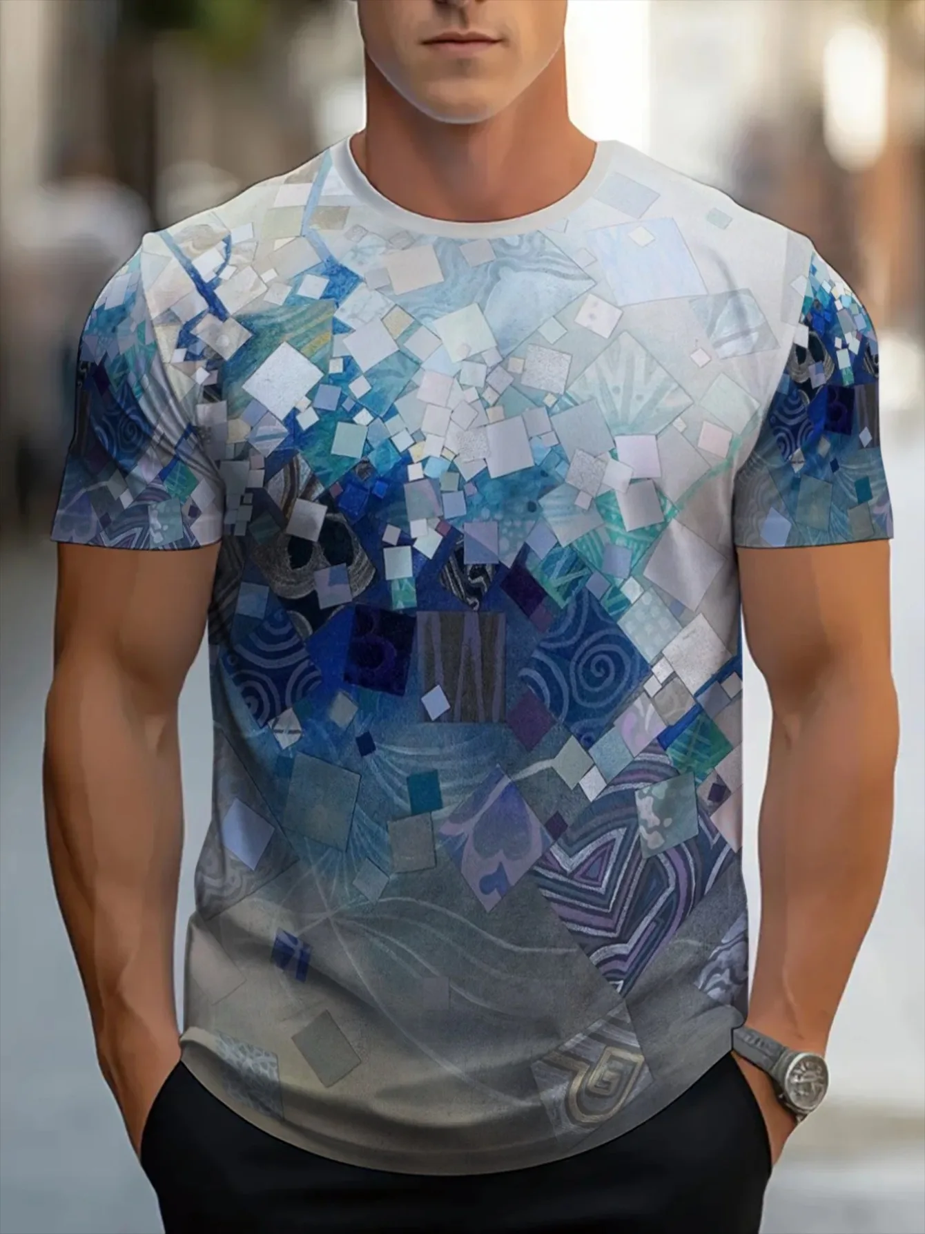 Men 3D Print T-Shirt Blue White Mosaic Square Spiral Abstract Geometric Graphic O Neck Short Sleeve Casual Summer Streetwear Tee