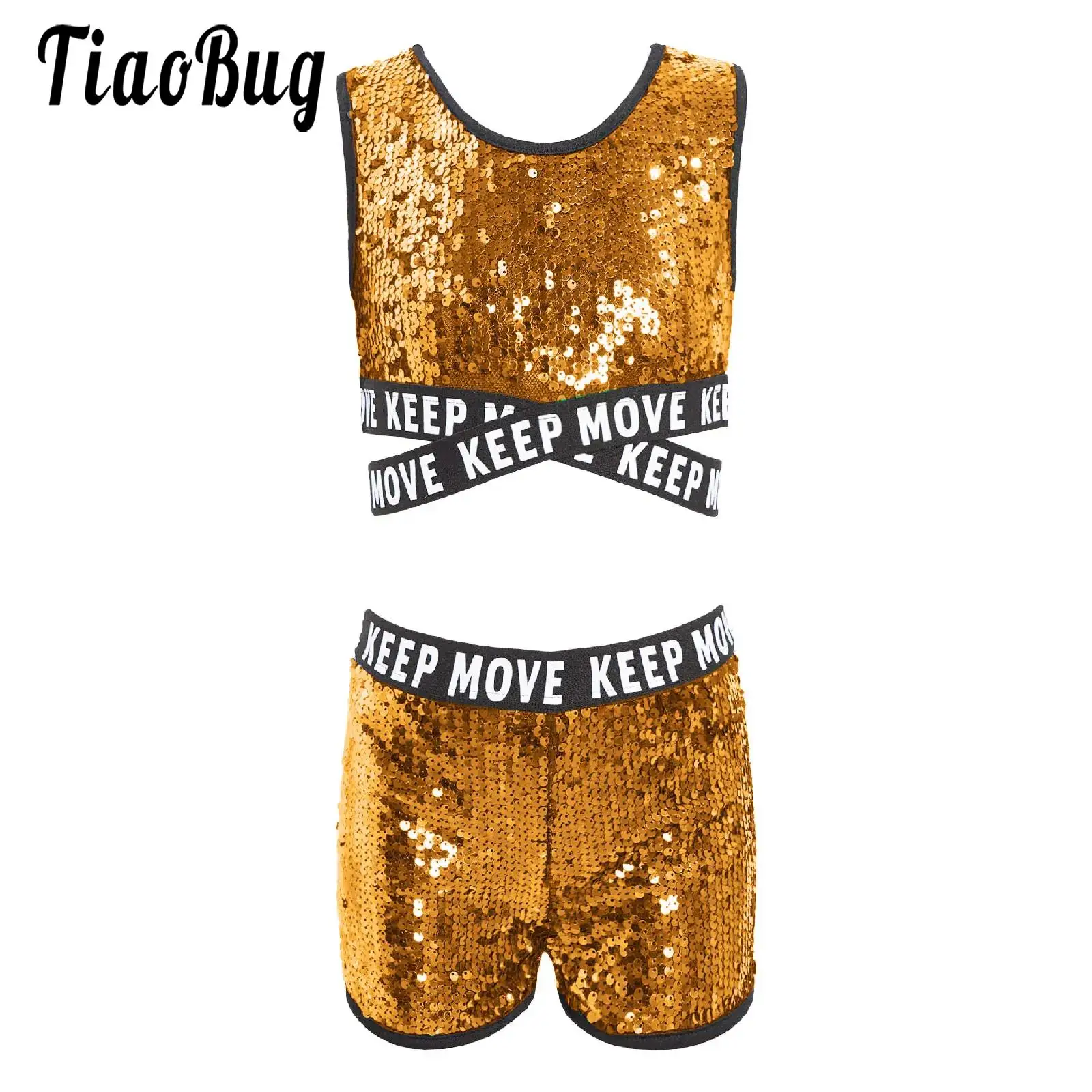 

Kids Girls Hip-hop Jazz Dance Outfit Street Modern Cheer Dance Stage Performance Costumes Shiny Sequins Crop Top with Shorts