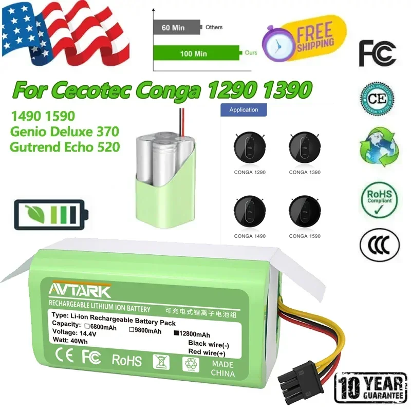 

New 14.4V 2600mAh Lithium-ion Battery For Cecotec Conga 1290 1390 1490 1590 Robot Vacuum Cleaner Battery Gutrend Echo 520