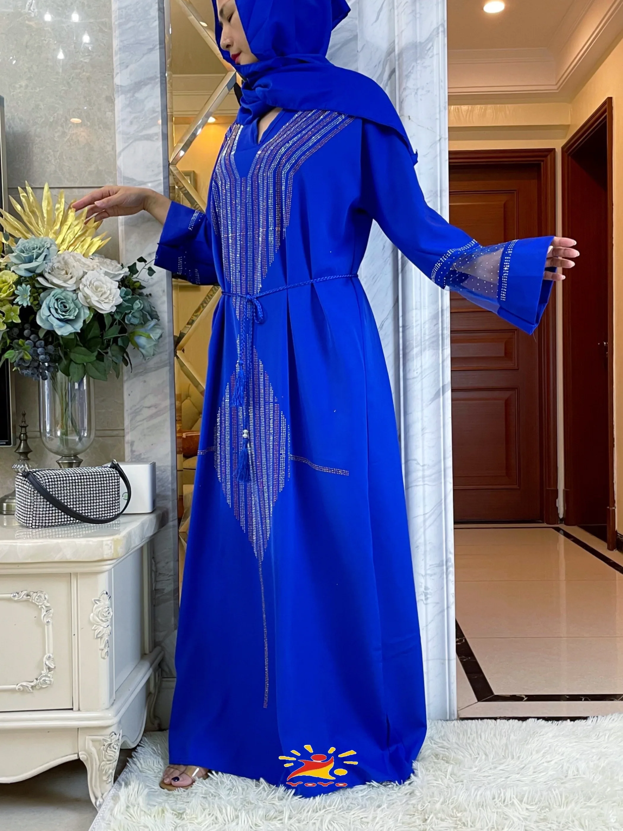 2023New Luxury African Autumn Women  V-Neck Dress Islamic Clothing Dashiki Diamond Dubai Robe Evening Long Sleeve Muslim Abaya