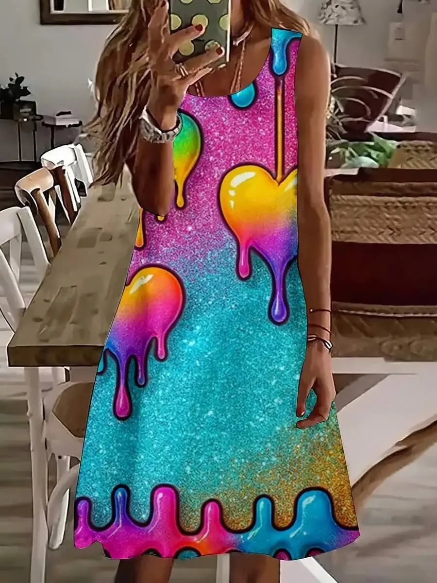 

Women Sleeveless Dress Colorful Heart Drip Glitter Print Summer Party Festival Wear