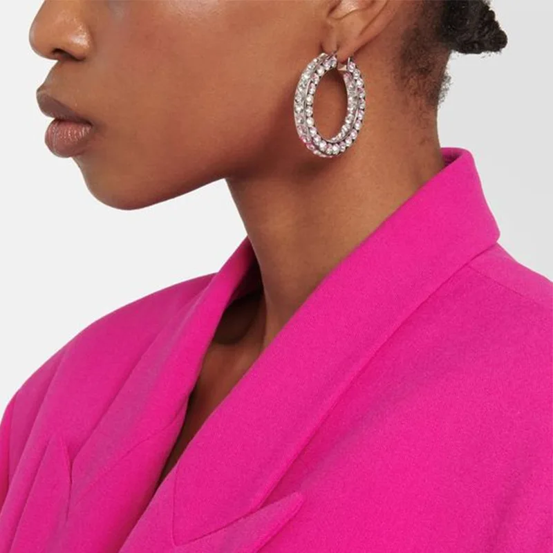 

Exaggerated Stacked Crystal Big Round Hoop Earrings Jewelry for Women Party Gift Luxury Rhinestone C-shaped Circle Hoop Earrings
