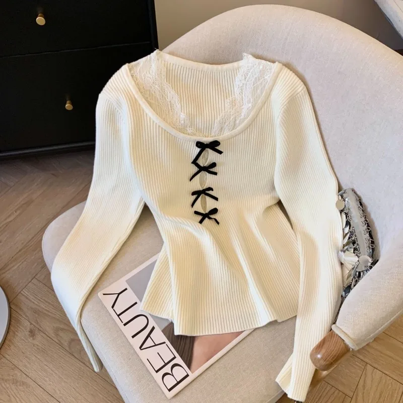 

Korean Sweet Lace Bow V-neck Knitted Sweater Spring Autumn New Bottoming Top for Women All-match Casual Slim Fit Pullovers