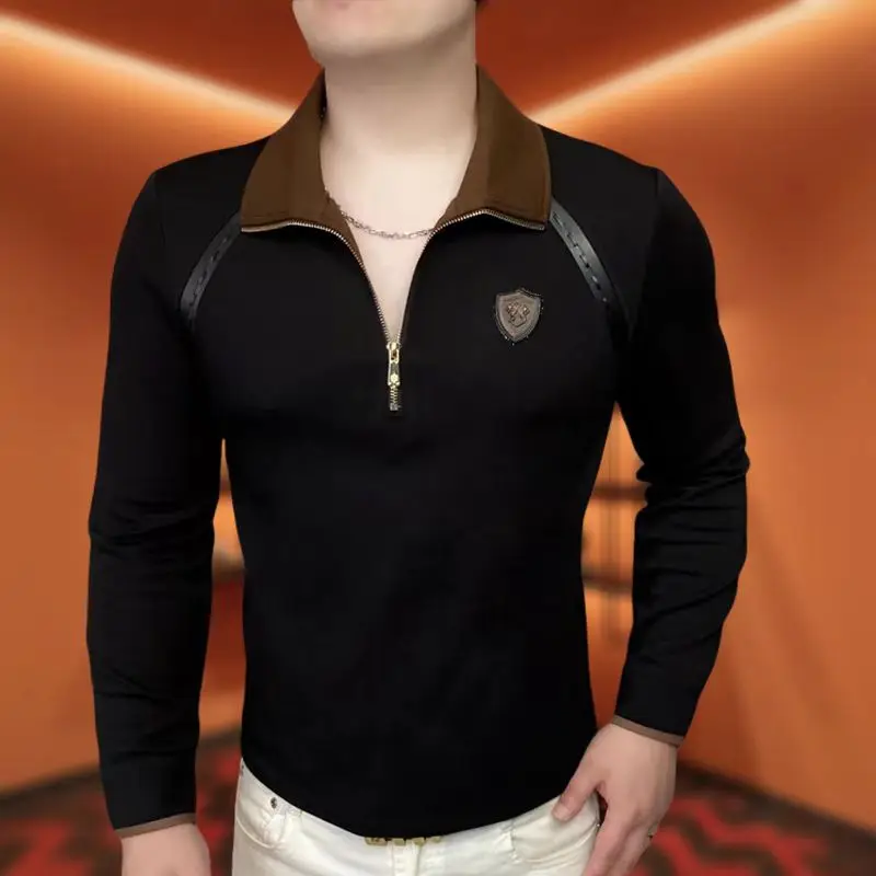 Outono inverno manga comprida lapela moletom masculino luxo meio zíper camiseta versátil pu splice negócios casual polo camiseta