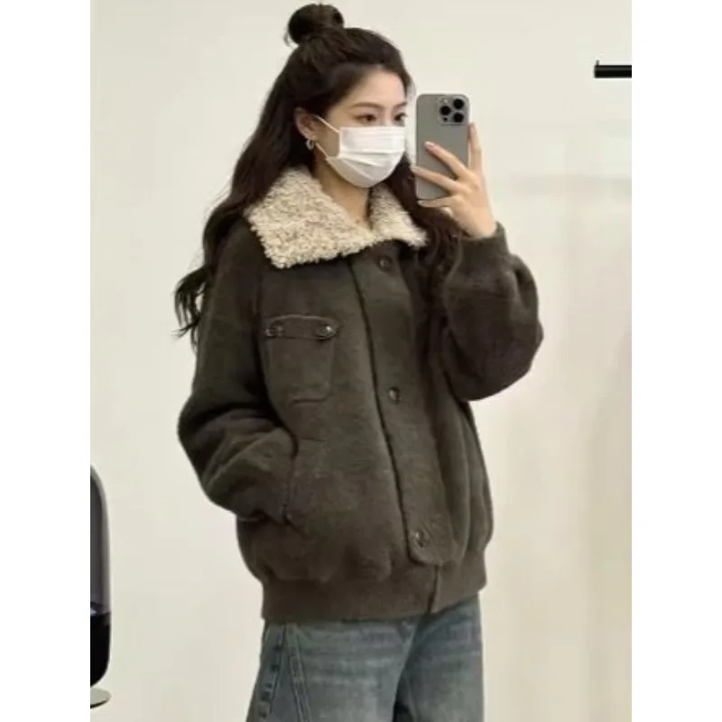 Temperament Women Dark Brown Cotton Imitation Suede Lamb Fur Collar Loose Retro Motorcycle Short Coats Trendy Streetwear