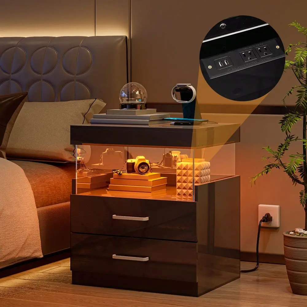 Black LED End Table Nightstand With Charging Station, High Gloss Night Stand With LED Lights, Modern Acrylic Floating Sofa Bed